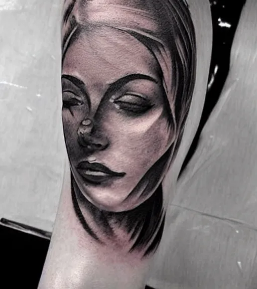 Image similar to tattoo design sketch of a beautiful woman face faded against a background of beautiful mountains and nature, hyper - realistic, in the style of den yakovlev, amazing detail, black and white