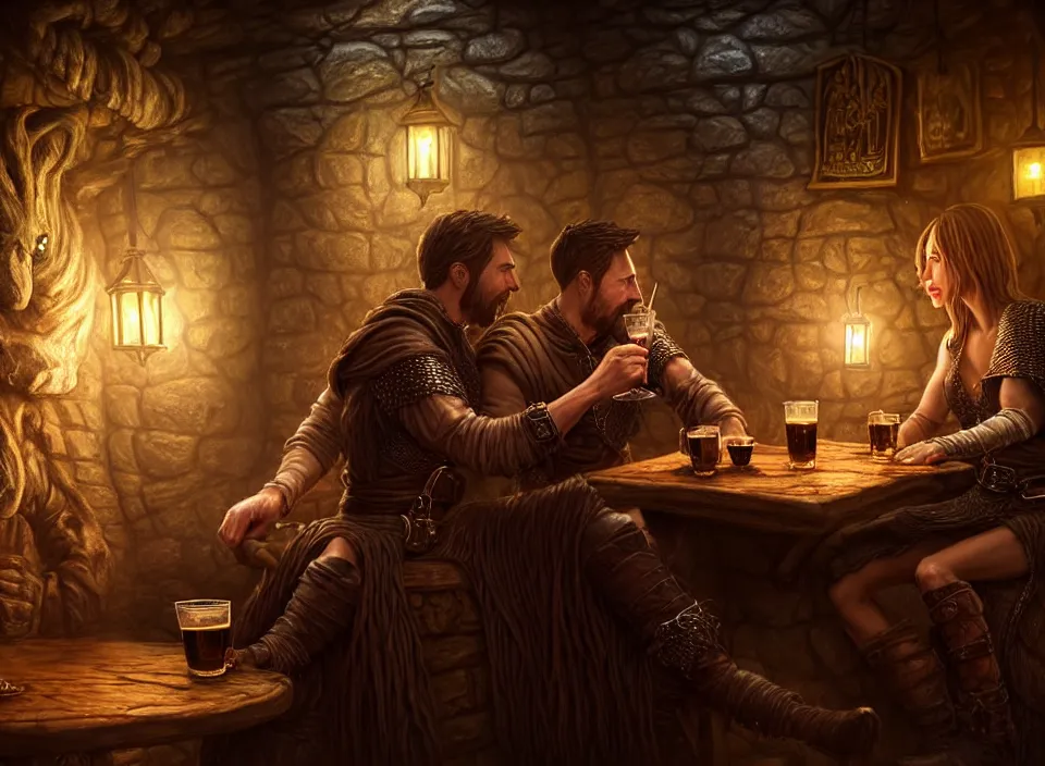 Prompt: a beautiful adventuring couple drinking, dimly lit cozy tavern, relaxed poses, fantasy art, detailed painterly digital art style by Chip Zdarsky, d&d vibe, leather tunic, chainmail, robes, 🍸, 8k octane beautifully detailed render, post-processing, extremely hyperdetailed, intricate, epic composition, grim yet sparkling atmosphere, cinematic lighting + masterpiece, trending on artstation, very detailed, vibrant colors, Art Nouveau, masterpiece