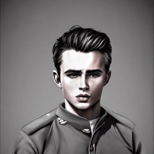 Image similar to a highly detailed epic cinematic concept art CG render digital painting artwork costume design: young James Dean as a well-kept neat perfect formal student in a 1950s USSR school uniform. By WLOP, Stanley Artgerm Lau, Ruan Jia and Fenghua Zhong, trending on ArtStation, made in Maya, Blender and Photoshop, octane render, excellent composition, cinematic atmosphere, dynamic dramatic cinematic lighting, aesthetic, very inspirational, arthouse