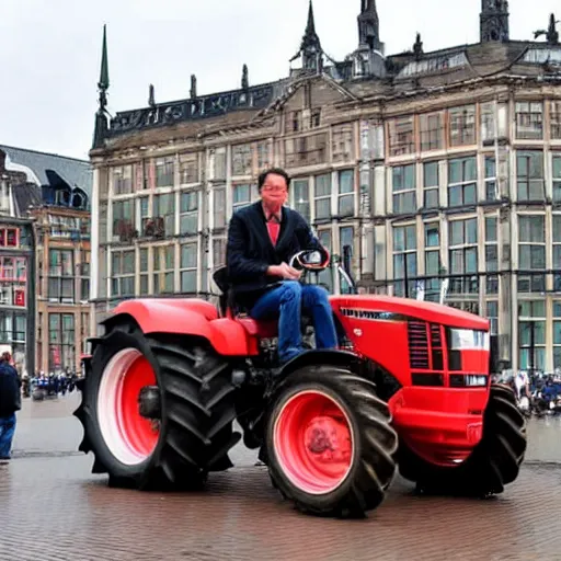 Image similar to mark rutte driving a tractor, as farmer, on dam square