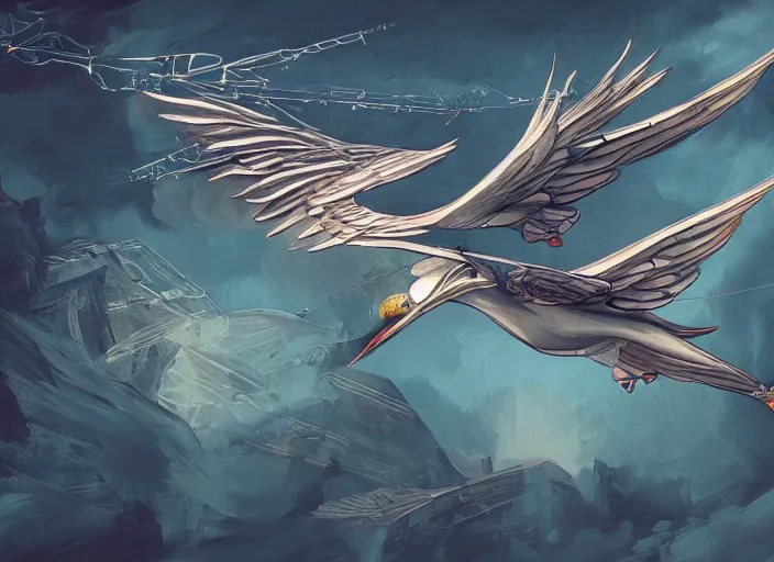 Prompt: concept art of an angelic modern ornithopter jet plane with ornate bird - like wings with art deco patterns flying over an outpost in an elven forest, solarpunk, high fantasy art, art book