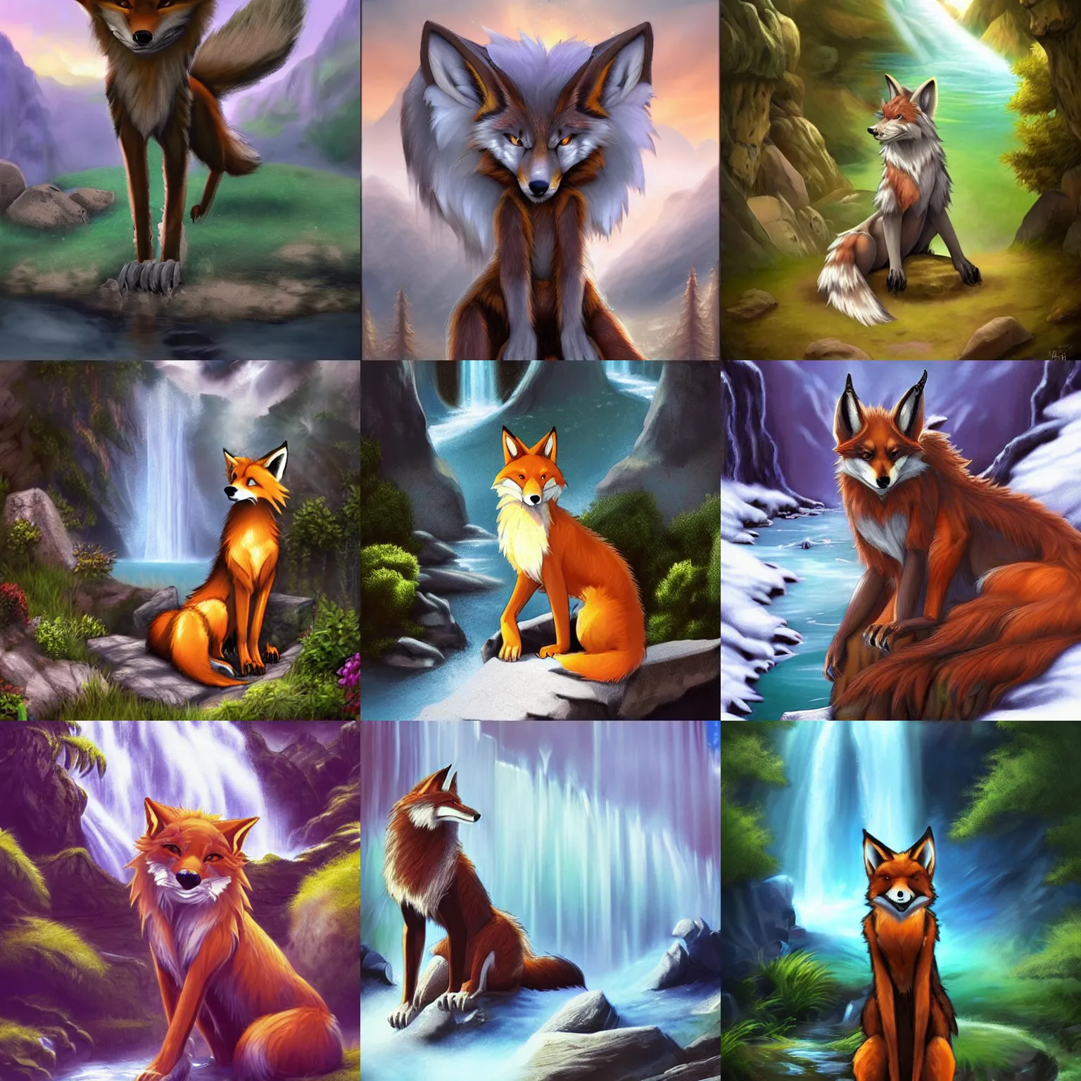 Prompt: fantasy furry art of a gorgeous anthro!!!! werefox fursona!!!! standing up in front of a waterfall, photorealistic, award winning, FurAffinity