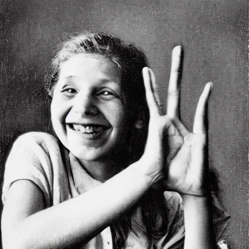 Prompt: a portrait of svika pick smiling while doing a peace sign, by norman rockwell