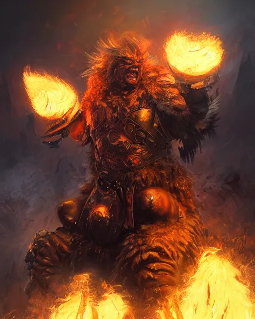 Image similar to oil painting of Angry Donald Trump Berserker, wearing fur armor, claws, sharp focus, attack pose, fantasy style, octane render, volumetric lighting, 8k high definition, by greg rutkowski, highly detailed, trending on art Station, magic the gathering artwork, burning Battlefield background, centered