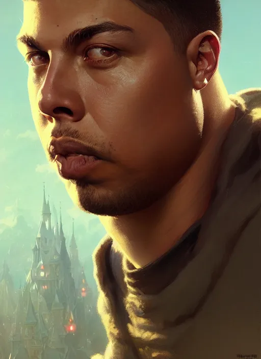 Image similar to highly detailed portrait of ronaldo nazario, stephen bliss, unreal engine, fantasy art by greg rutkowski, loish, rhads, ferdinand knab and lois van baarle, ilya kuvshinov, rossdraws, tom bagshaw, alphonse mucha, global illumination, detailed and intricate environment