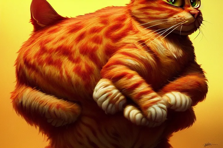 Prompt: lasagna garfield the cat, made of lasagna, hyper detailed, digital art, artstation, cinematic lighting, studio quality, smooth render, by caravaggio, artgerm, greg rutkowski