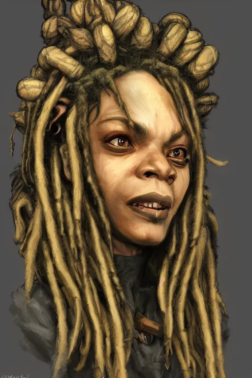 Prompt: goblin with dreadlocks, highly detailed, portrait, character art by Fiona Staples,