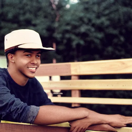 Image similar to upward photograph of a young man with a backward hat sitting on outdoor wooden bleachers next to a radio