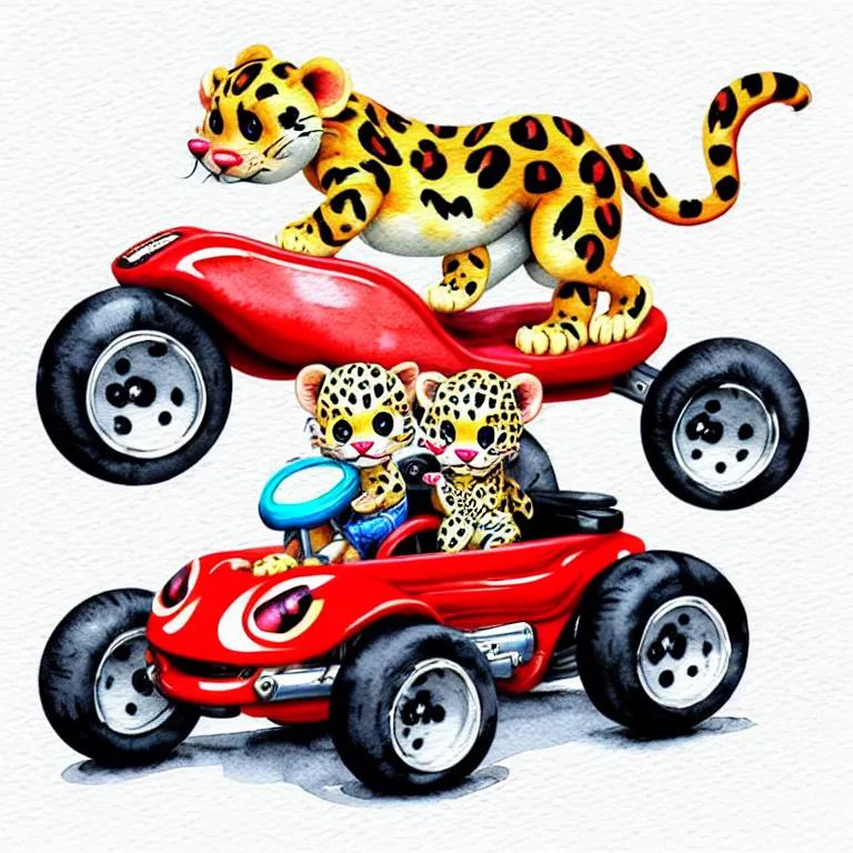 Image similar to cute and funny, baby leopard riding in a tiny go kart with oversized engine, ratfink style by ed roth, centered award winning watercolor pen illustration, isometric illustration by chihiro iwasaki, edited by range murata, tiny details by artgerm and watercolor girl, symmetrically isometrically centered