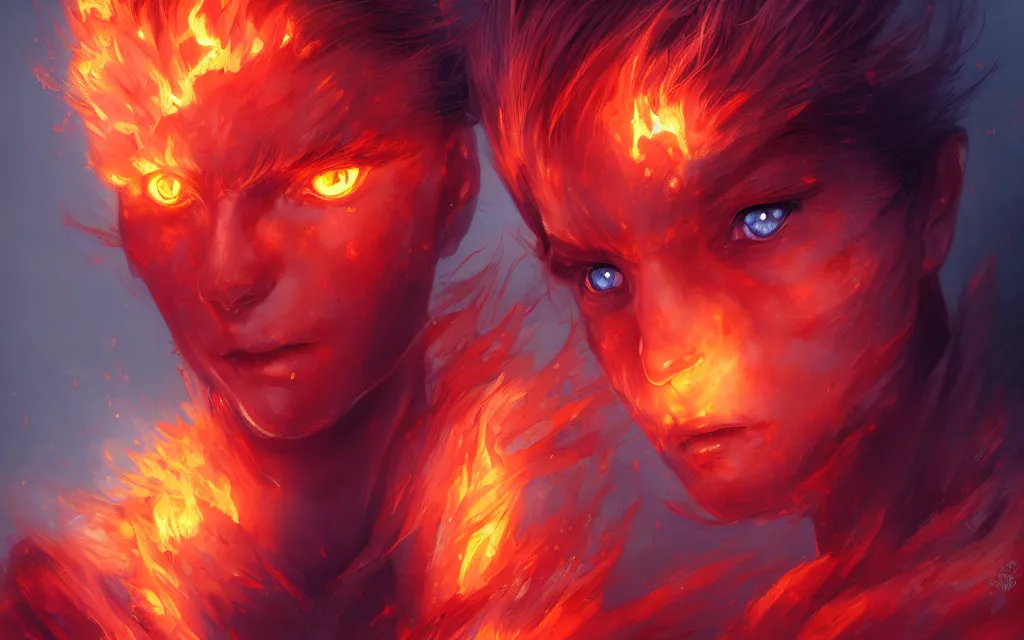 Image similar to A realistic anime portrait of a beautiful fire spirit twins with glowing red eyes and firey skin wearing clothes made of flames, digital painting, by Stanley Artgerm Lau, Sakimichan, WLOP and Rossdraws, digtial painting, trending on ArtStation, SFW version