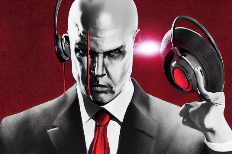 Image similar to a portrait of agent 4 7 from hitman wearing headphones and putting a vinyl record onto a turntable, dark background, red rim light, digital art, artstation, concept art by giger stalenhag