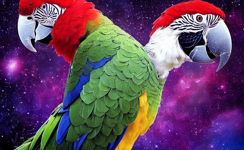 Prompt: “Portrait of a parrot” wearing a beautiful Costume , on a dark nebula background” digital Art, concept Art, highly detailed, 3-D 4K, trending on art station, Award winning, Mark Brooks,