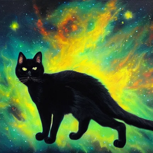 Image similar to spectacular oil painting of a black cat with bright green eyes floating through a nebula