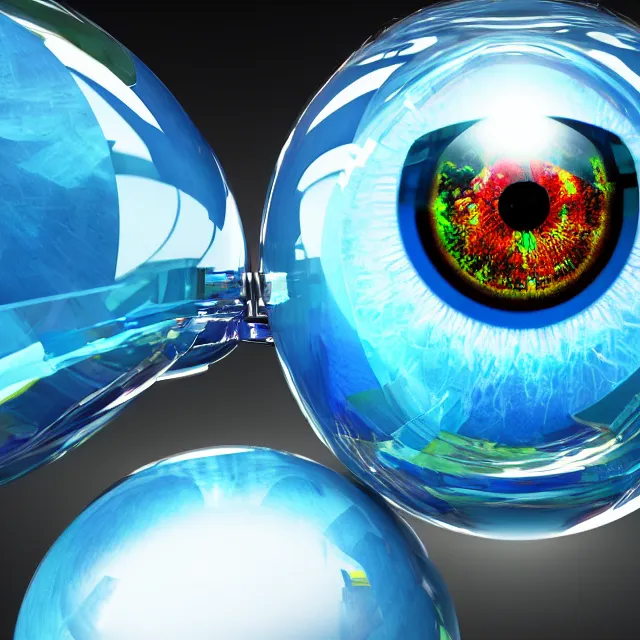 Prompt: glass sphere macro photo eye with big colorful iris in glass sphere ,symmetric ,detailed, unreal engine