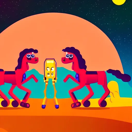 Image similar to anthropomorphic horse aliens partying on mars, style by kurzgesagt