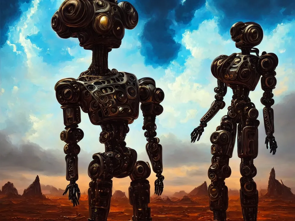 Image similar to a beautiful oil on canvas of a futuristic afrofuturisticb robot soldier, ornate, detailed, intricate, beautiful, post - apocalyptic landscape in the background, epic sky, vray render, artstation, deviantart, pinterest, sci - fi, afrofuturism, 5 0 0 px models