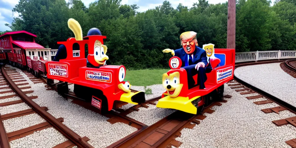 Image similar to Photo of Donald J. Trump crashing a kiddy train into gravel, screaming, taken in Silver Dollar City 2020