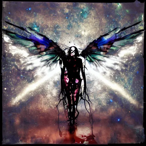 Prompt: a dying devil with tar drip wings standing in the shade of the backlit cosmic light, rich decaying bleeding colors