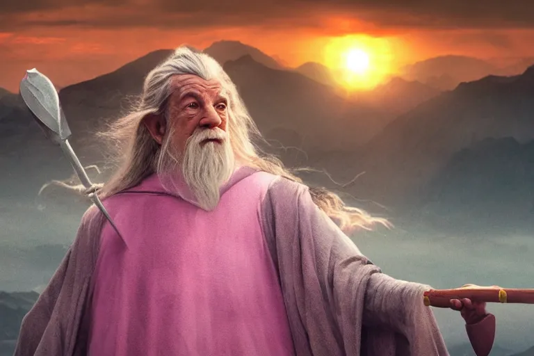 Image similar to portrait of Gandalf wearing pink Hello kitty costume, smiling warmly, sunrise, movie still from Lord of the Rings, cinematic