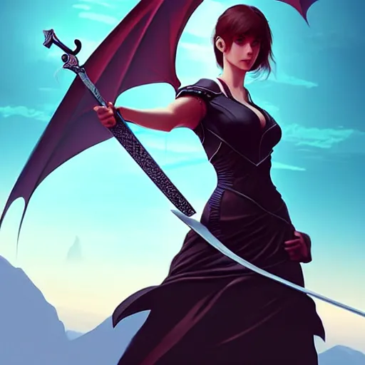 Image similar to a woman holding a sword with a dragon on it, concept art by Ilya Kuvshinov, contest winner, fantasy art, official art, concept art, high detail, experimental, high quality, hyperrealistic, 4k