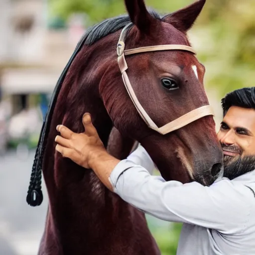 Image similar to man wearing horse head mask on shoulder of man