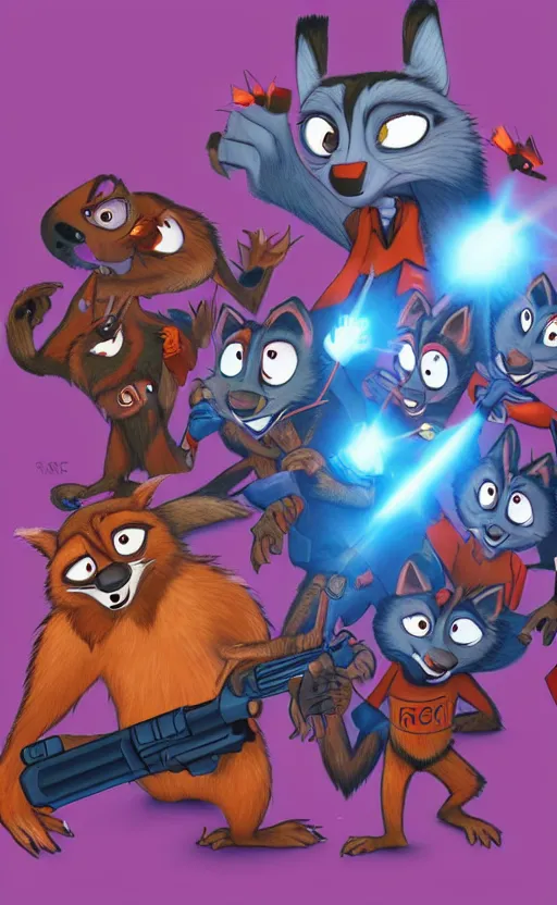 Image similar to “red racoons facing off with blue racoons in the style of zootopia, they’re all holding a laser gun”