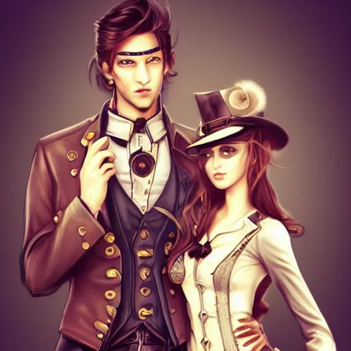 Prompt: steampunk style clothes man and girl by artgerm