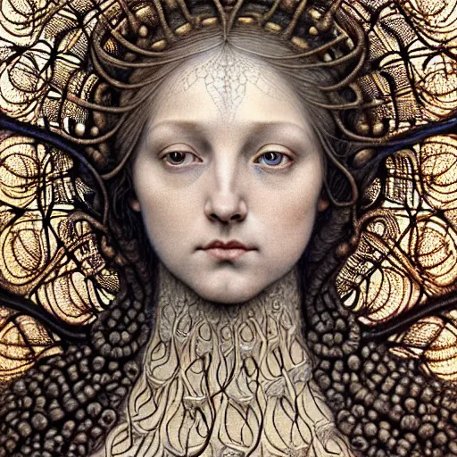 Image similar to detailed realistic beautiful young medieval queen face portrait by jean delville, gustave dore, iris van herpen and marco mazzoni, art forms of nature by ernst haeckel, art nouveau, symbolist, visionary, gothic, neo - gothic, pre - raphaelite, fractal lace, intricate alien botanicals, ai biodiversity, surreality, hyperdetailed ultrasharp octane render