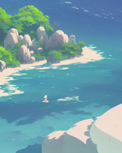 Image similar to an archipelago with strange white rock formations, lush vegetation, deep blue water, cory loftis, james gilleard, atey ghailan, makoto shinkai, goro fujita, studio ghibli, rim light, exquisite lighting, clear focus, very coherent, plain background, soft painting