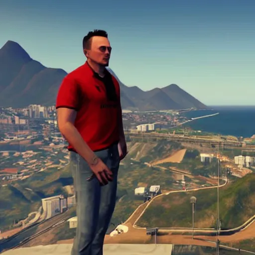 Image similar to high quality ingame screenshot of elon musk in front of Rio de Janeiro in GTA v, GTA v, screenshot GTA v