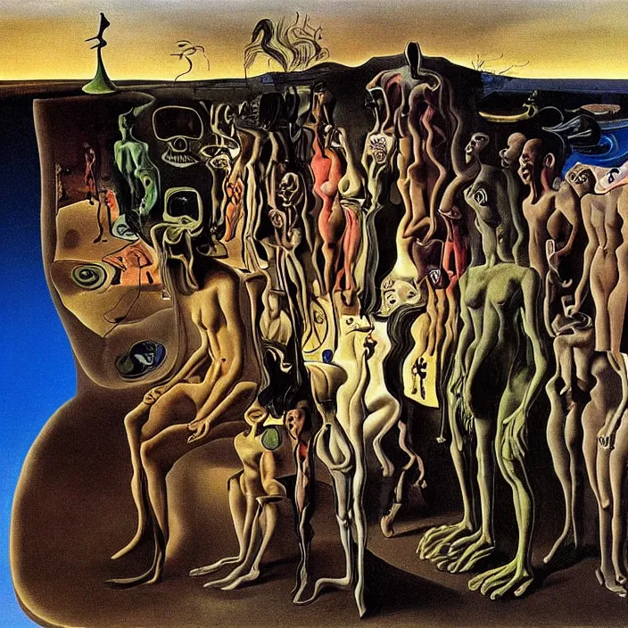 Image similar to a group of characters crying in a surreal environment by salvador dali, highly detailed