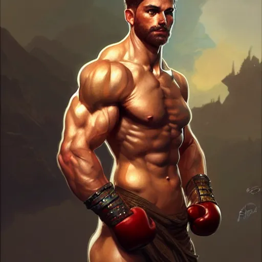 Image similar to male fighter, muscular upper body, D&D, fantasy, intricate, elegant, highly detailed, digital painting, artstation, concept art, smooth, sharp focus, illustration, art by artgerm and greg rutkowski and alphonse mucha