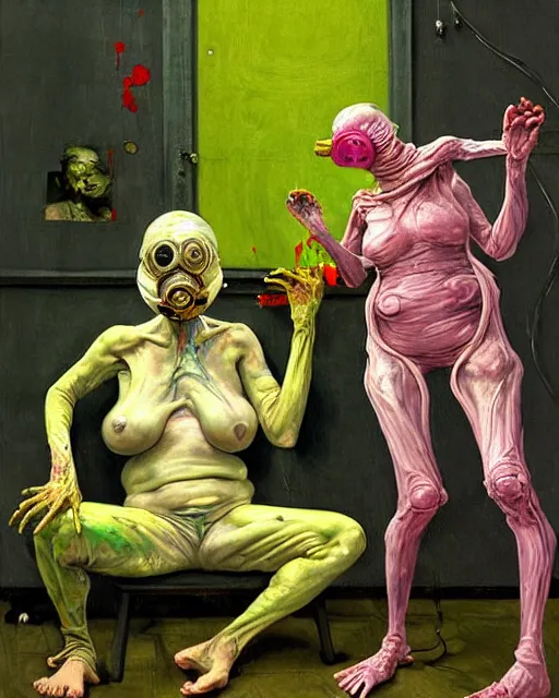 Prompt: two skinny old people with extra limbs, wearing gas masks and robes of gold, green and pink, during a biohazard apocalypse, cinematic, dystopian, eerie, horror, gothic, highly detailed painting by Jenny Saville, Esao Andrews, Francis Bacon, !!!Edward Hopper!!! surrealism, art by Takato Yamamoto and !, !!James Jean!!!