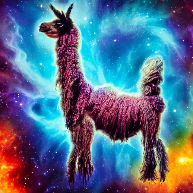 Image similar to llama with dreadlocks, depicted as an explosion of a nebula, 4 k, hyperrealistic painting