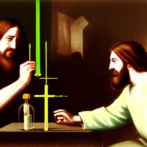 Prompt: jesus and another scientist in a lab creating a new chemical concoction holding up a test tube filed with green liquid