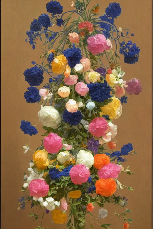 Prompt: a painting of a abstract geometric anime figurine made from flowers and jelly, flemish baroque, neoclassicism, made of flowers