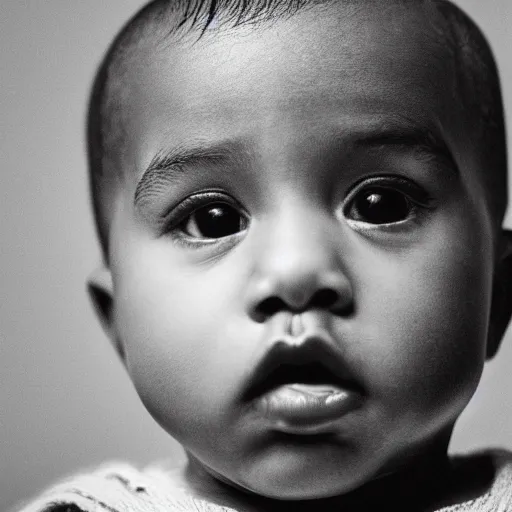 Image similar to cinematic photograph of baby Kanye West with a anthropomorphic teddy bear, close up, portrait, album cover, shallow depth of field, 40mm lens, gritty, textures
