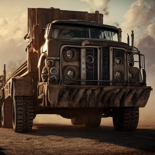 Image similar to a mad max truck with gatling guns on the side, au naturel, hyper detailed, digital art, trending in artstation, cinematic lighting, studio quality, smooth render, unreal engine 5 rendered, octane rendered, art style by klimt and nixeu and ian sprigger and wlop and krenz cushart