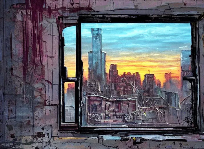 Image similar to seen through a window, decrepit new york, post apocalyptic cityscape after a nuclear war, beautiful radioactive sunset lighting, beautiful painting, fallout