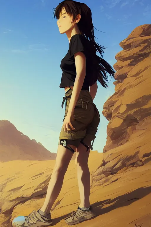 Prompt: a girl hiking in the desert, full shot, fine - face, realistic shaded perfect anatomy, fine details. night setting. very anime style. realistic shaded lighting poster by ilya kuvshinov katsuhiro, magali villeneuve, artgerm, jeremy lipkin and michael garmash, rob rey and kentaro miura style, trending on art station