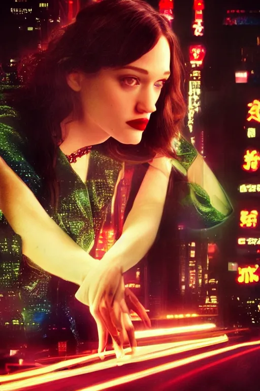 Prompt: portrait futuristic sexy Kat Dennings hologram by Denis Villeneuve in future cyberpunk tokyo rooftop sci-fi fantasy intricate very very beautiful elegant neon light highly detailed