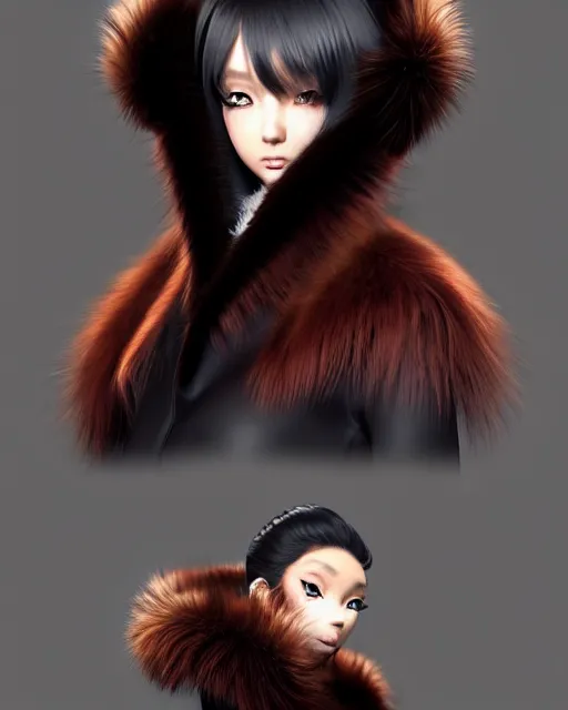 Image similar to fur - lined dragonhide jacket!!! beautiful and elegant female!! gorgeous ayes!! character concept art, sharp focus, illustration, artgerm!! yusuke murata! wlop!! ilya kuvshinov!! marc brunet!! octane render! unreal engine 5! highly rendered!! trending on artstation!! cgi vfx!