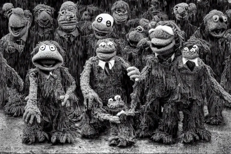 Image similar to photo of sad muppet funeral, graveside, rain, outside, 1 9 8 0 s, creepy, scary, crying, grotty, ugly, terrified, brian froud, film look, cinematic, terry gilliam