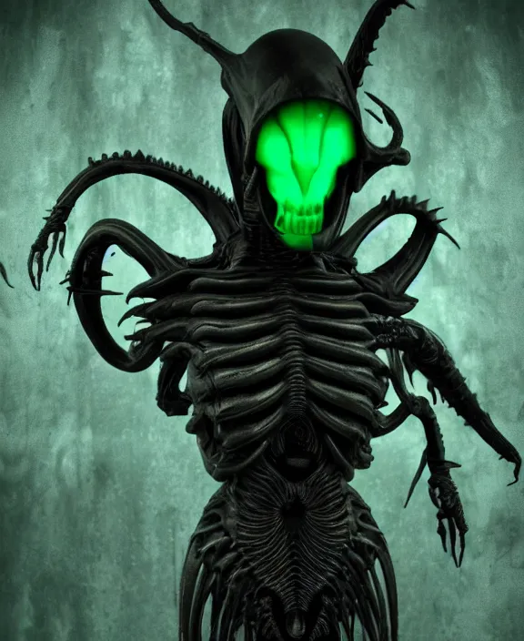 Prompt: xenomorph borg queen goth model skull eyes hybrid, dragon eggs, dark emerald mist colors, giger background liminal void, cinematic lighting, realistic, award winning photograph, various refining methods, micro macro autofocus