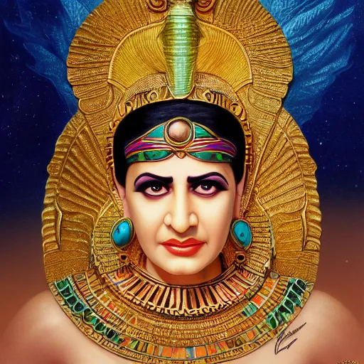 Image similar to a detailed fantasy character portrait of om kalthoum as egyptian goddess of music by lauri blank, artgerm, evelyn de morgan, 8K, 50mm lens