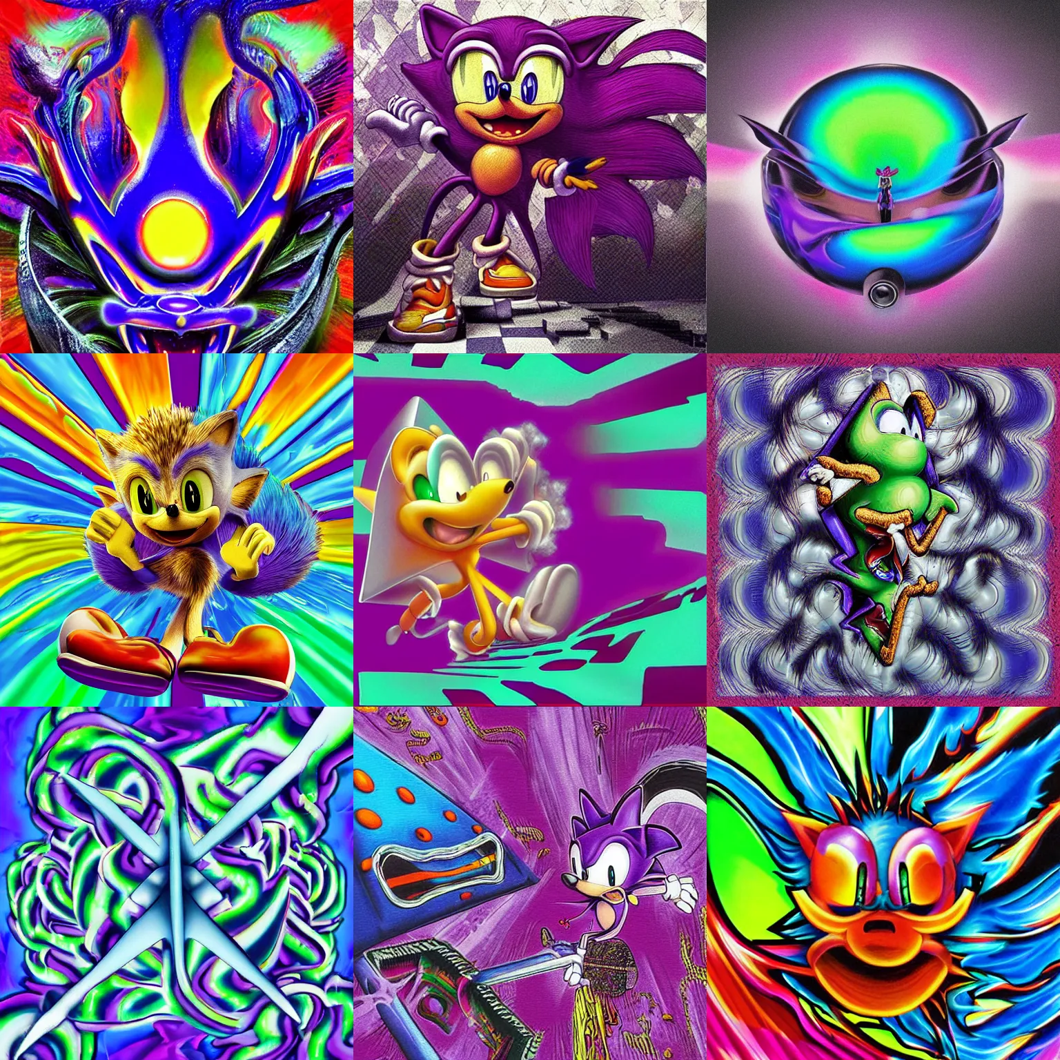 Image similar to surreal, faded, totally radical detailed professional, high quality airbrush art mgmt album cover of a liquid dissolving lsd dmt sonic the hedgehog on a flat purple checkerboard plane, 1 9 9 0 s 1 9 9 2 prerendered graphics raytraced phong shaded album cover