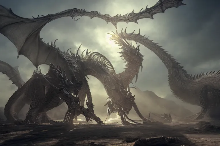 Image similar to an ultra detailed 3 d render of saladin as an elden ring boss, epic anime fantasy, huge dragon skeleton in the background 8 k, volumetric lighting, smooth, highly detailed, digital illustration, octane render, art by jeong seon and greg rutkowsi, artstation