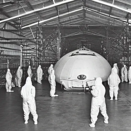 Image similar to an alien ship inside a hanger, old photo, vintage photo, grainy, realistic, real photo, men in hazmat suits standing around