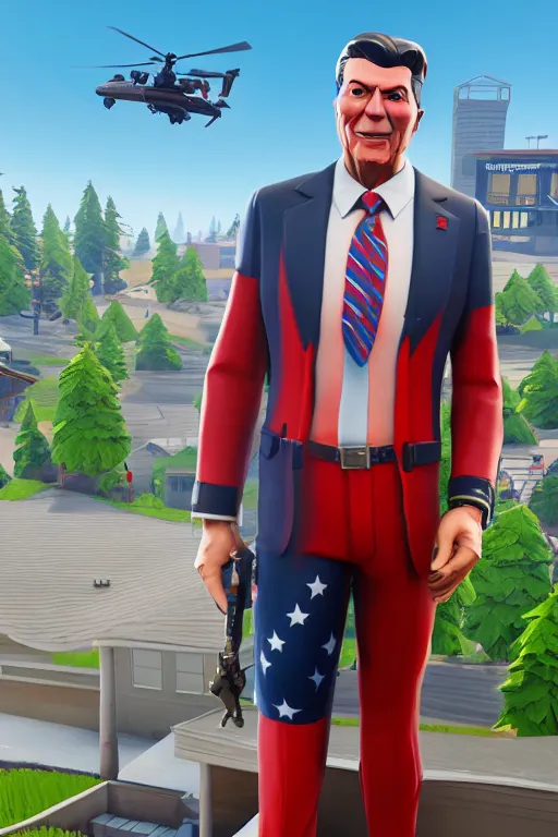 Prompt: middle aged ronald reagan, american super patriot, full body, fortnite character, unreal engine. 4 k, highly detailed