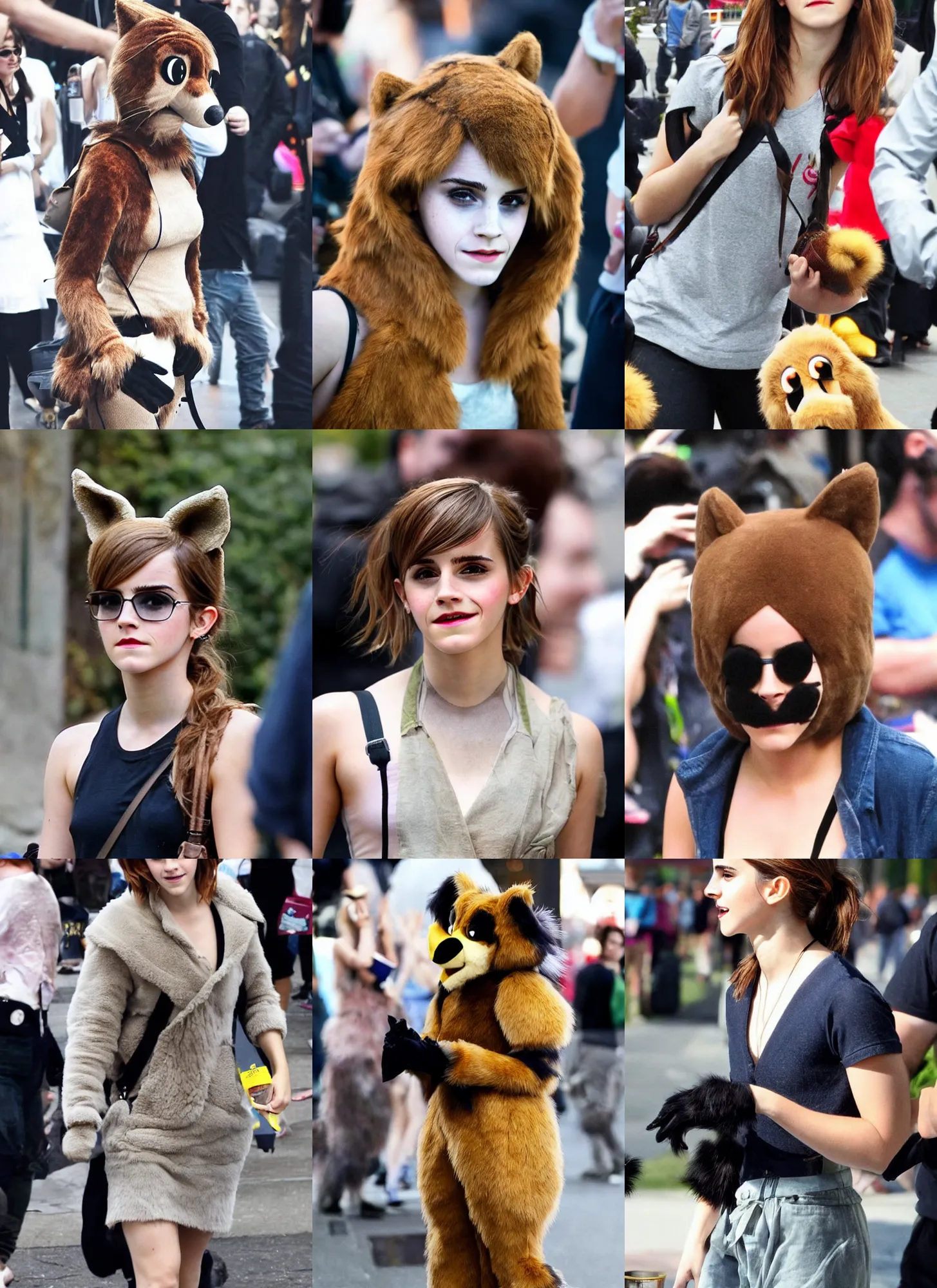 Image similar to emma watson spotted at a furry convention wearing her fursuit, face!!! visible!!!, photo taken with an iphone, candid photography, zoomed in